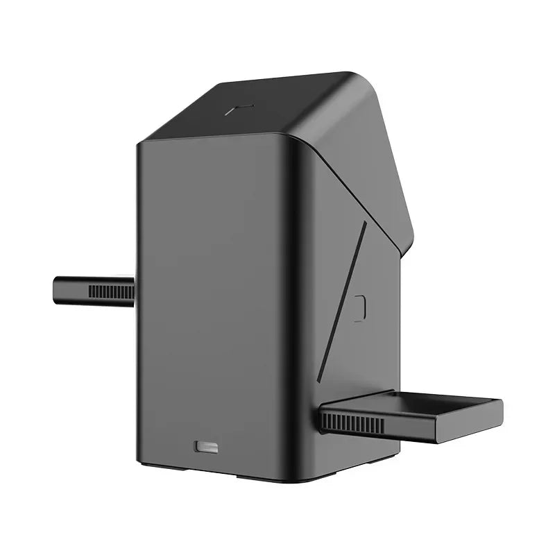 Black electronic device with a power plug on a white background