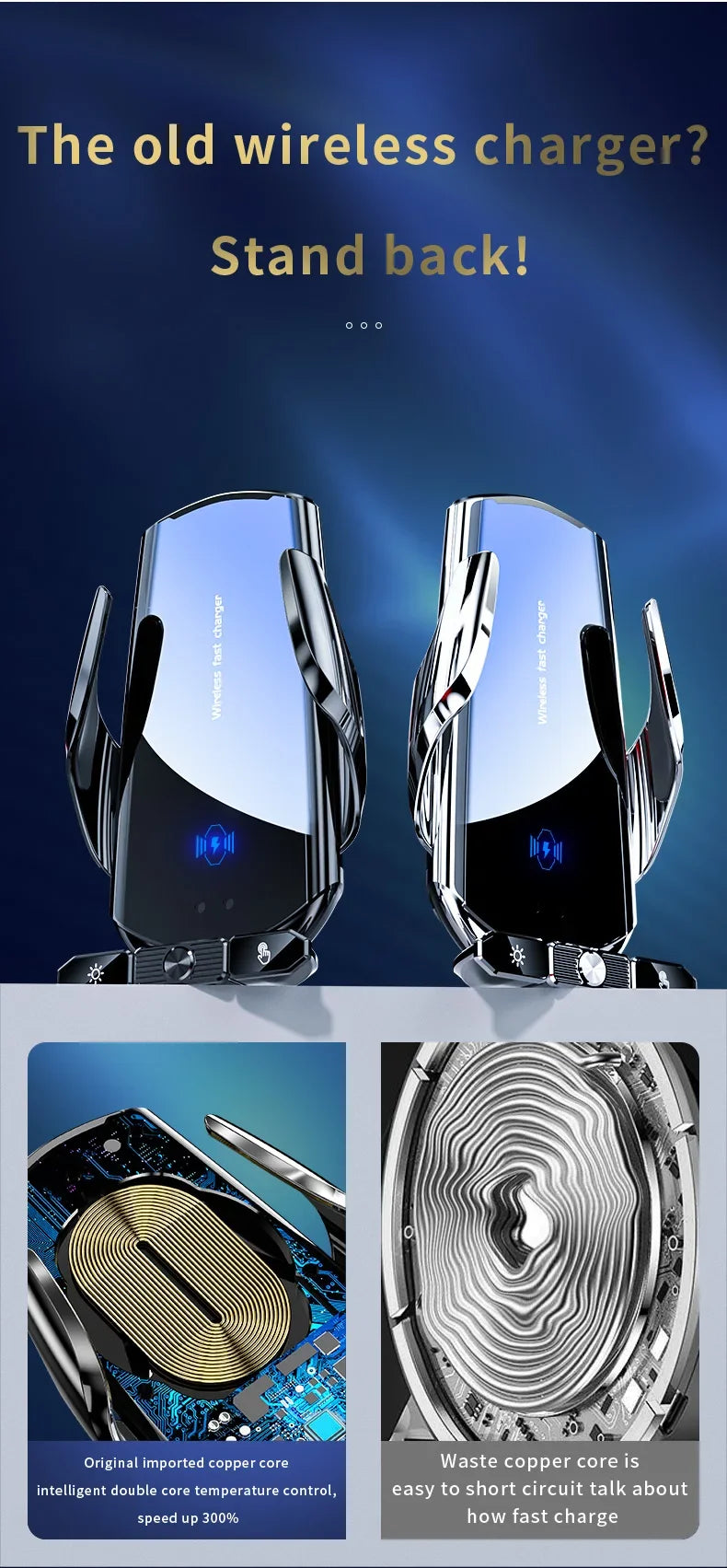 Two wireless chargers with a blue background and text indicating they are superior.
