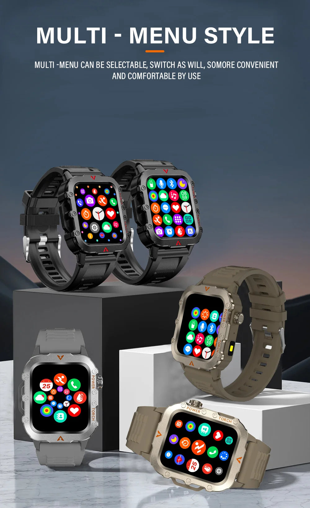 Smartwatches with colorful display interfaces on a gray background