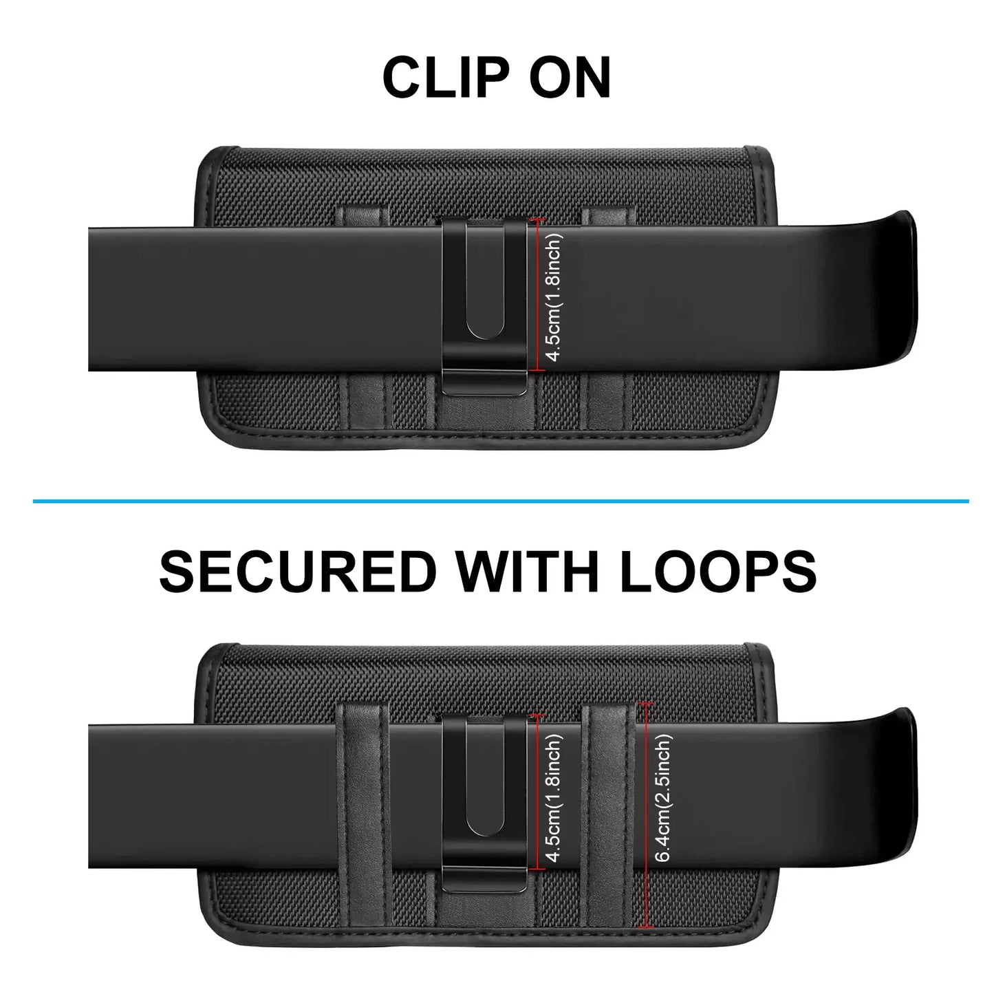 Black phone holster with clip-on feature and loop fasteners on a white background