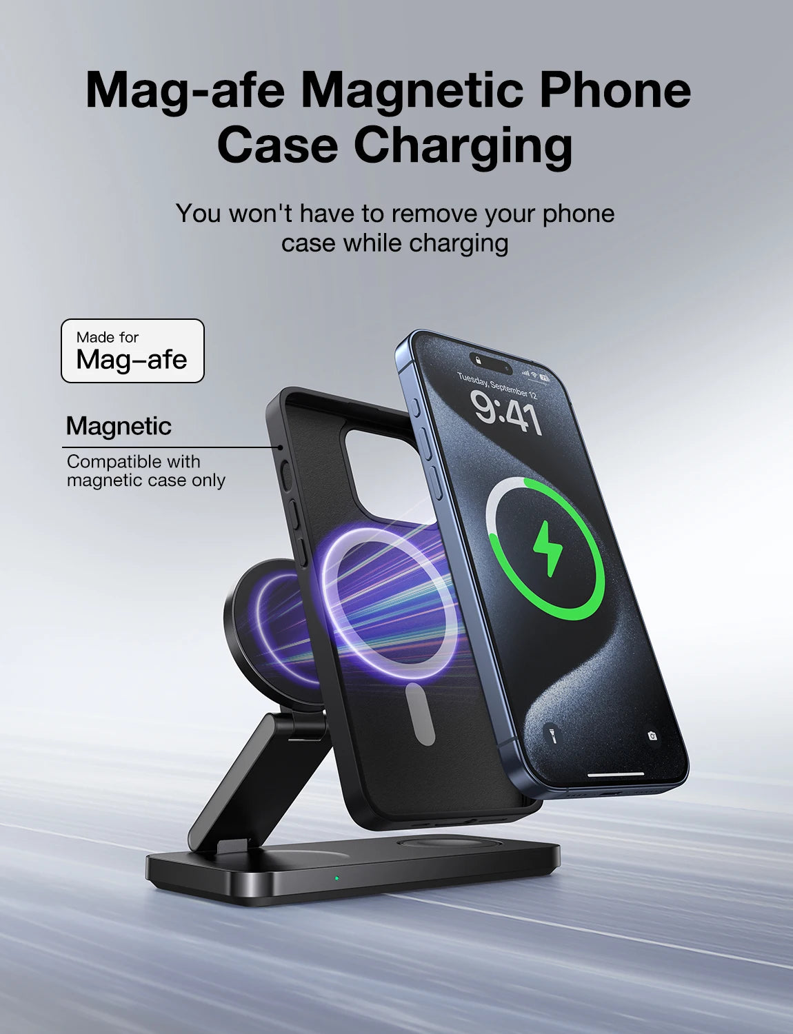 Mag-afe magnetic phone case charging stand with smartphone on a gray background