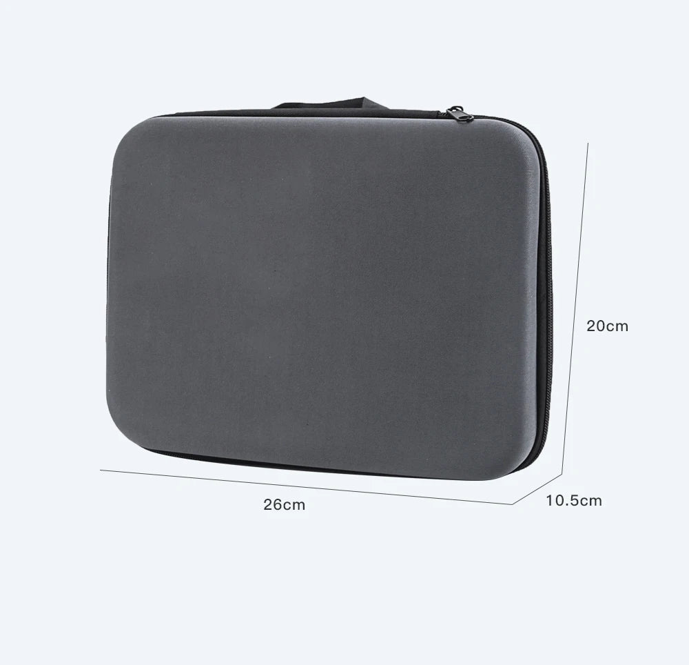 Gray carrying case with dimensions indicated on a white background