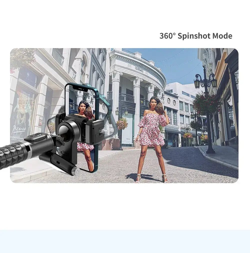Woman in a dress standing on a city street with a gimbal camera showing 360° spinshot mode.