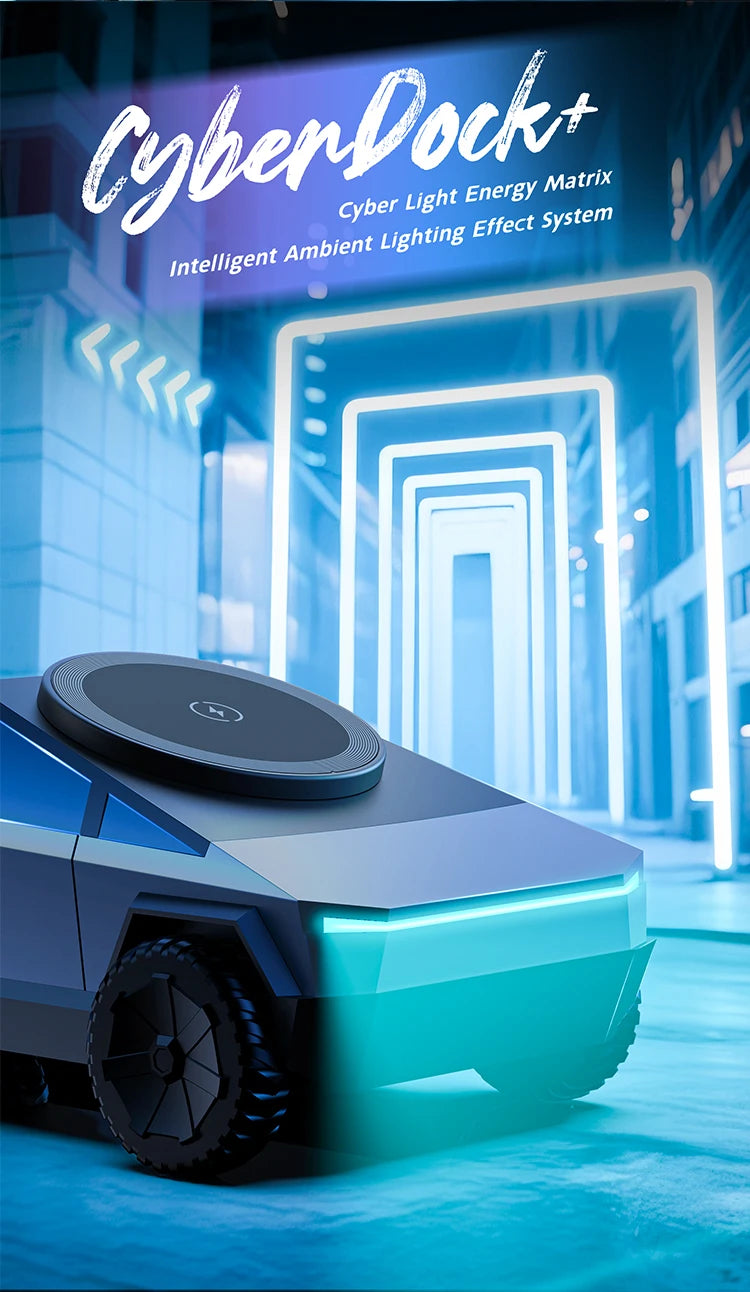 Futuristic vehicle with 'CyberDock+' technology in a high-tech corridor.