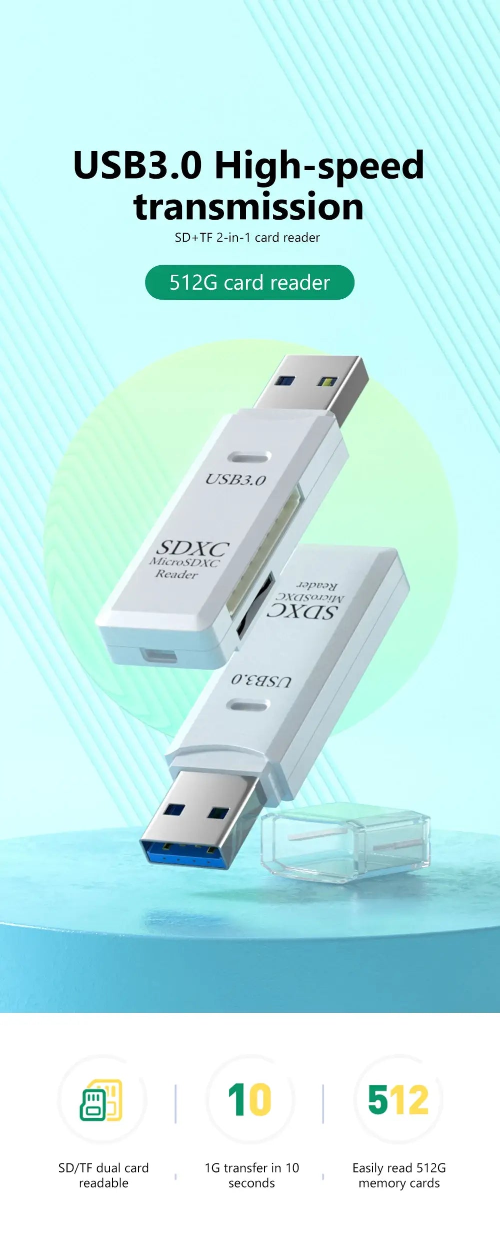 USB 3.0 high-speed transmission card reader with SDXC logo on a light blue background