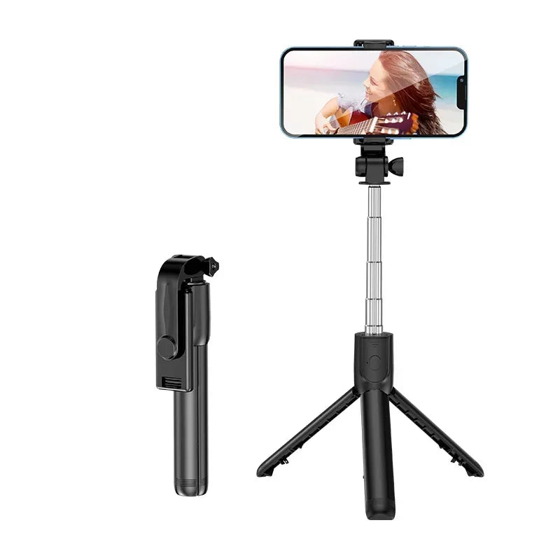 Black smartphone selfie stick with remote control on a white background