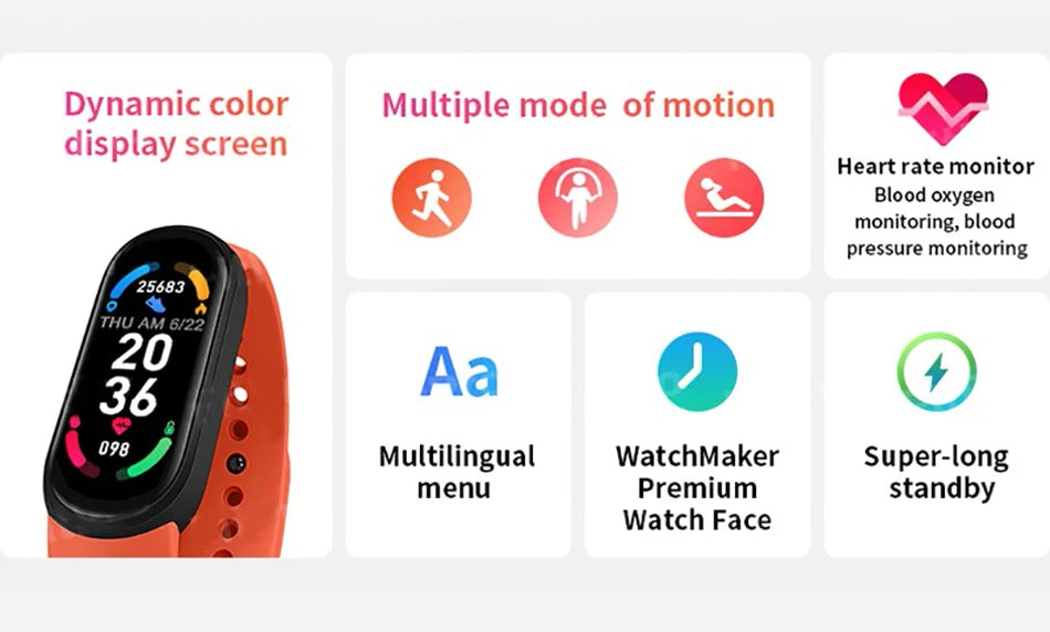 Smartwatch with features listed on a white background