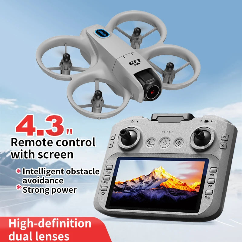 Drone and remote control with screen against a mountainous background