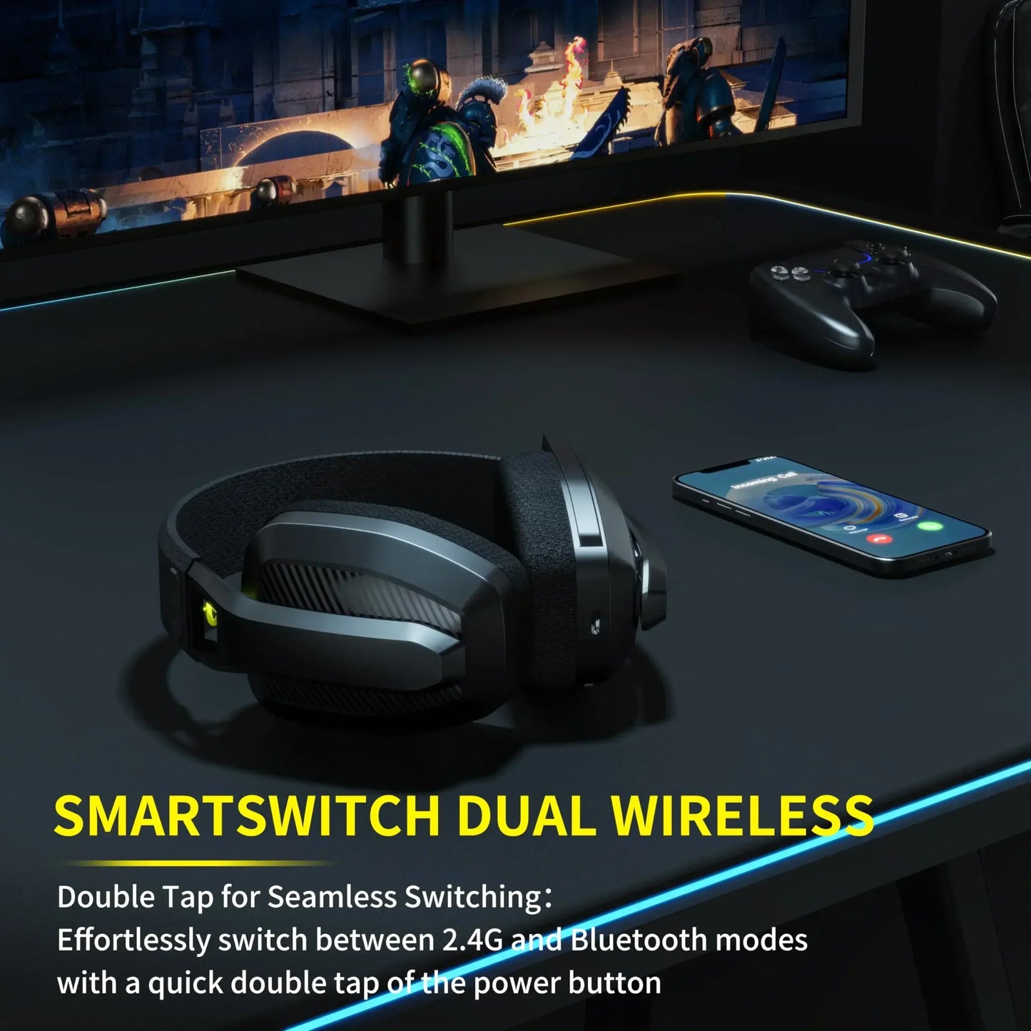 Gaming setup with headphones, smartphone, and TV displaying a game, featuring 'SMARTSWITCH DUAL WIRELESS' text.