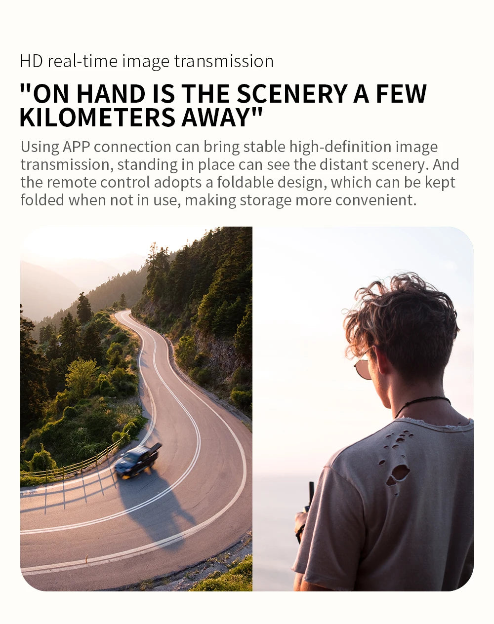 Person using a remote control to view scenic road via app on smartphone