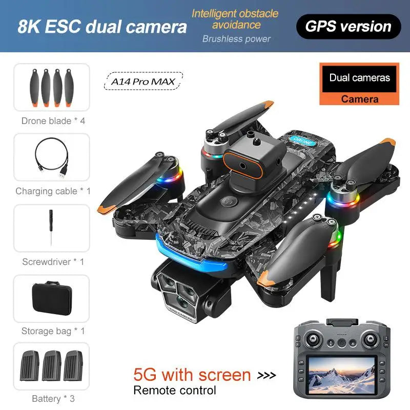 Drones with 8K ESC, dual camera, GPS version, and remote control on a white background.