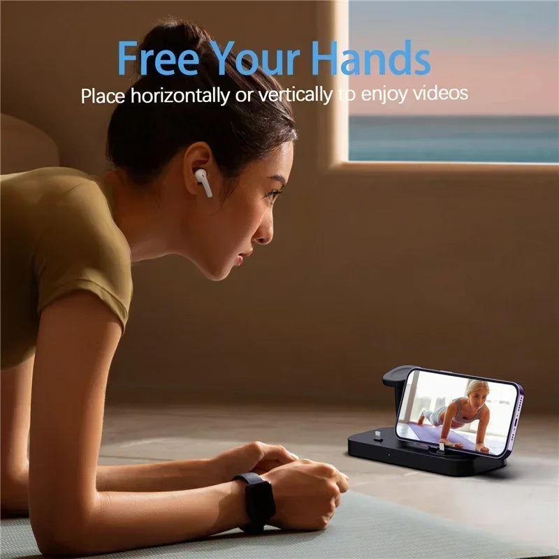 Woman using a smartphone with a screen stand, placed horizontally or vertically, in a room with a window.