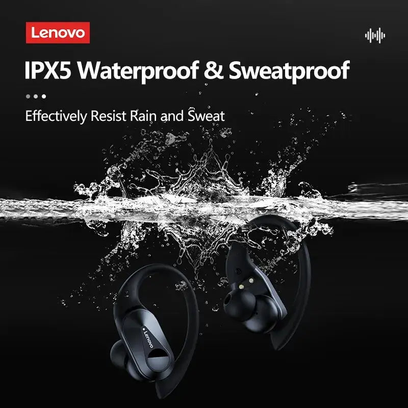 Lenovo wireless earbuds with water splashing over them on a black background, highlighting IPX5 waterproof and sweatproof features