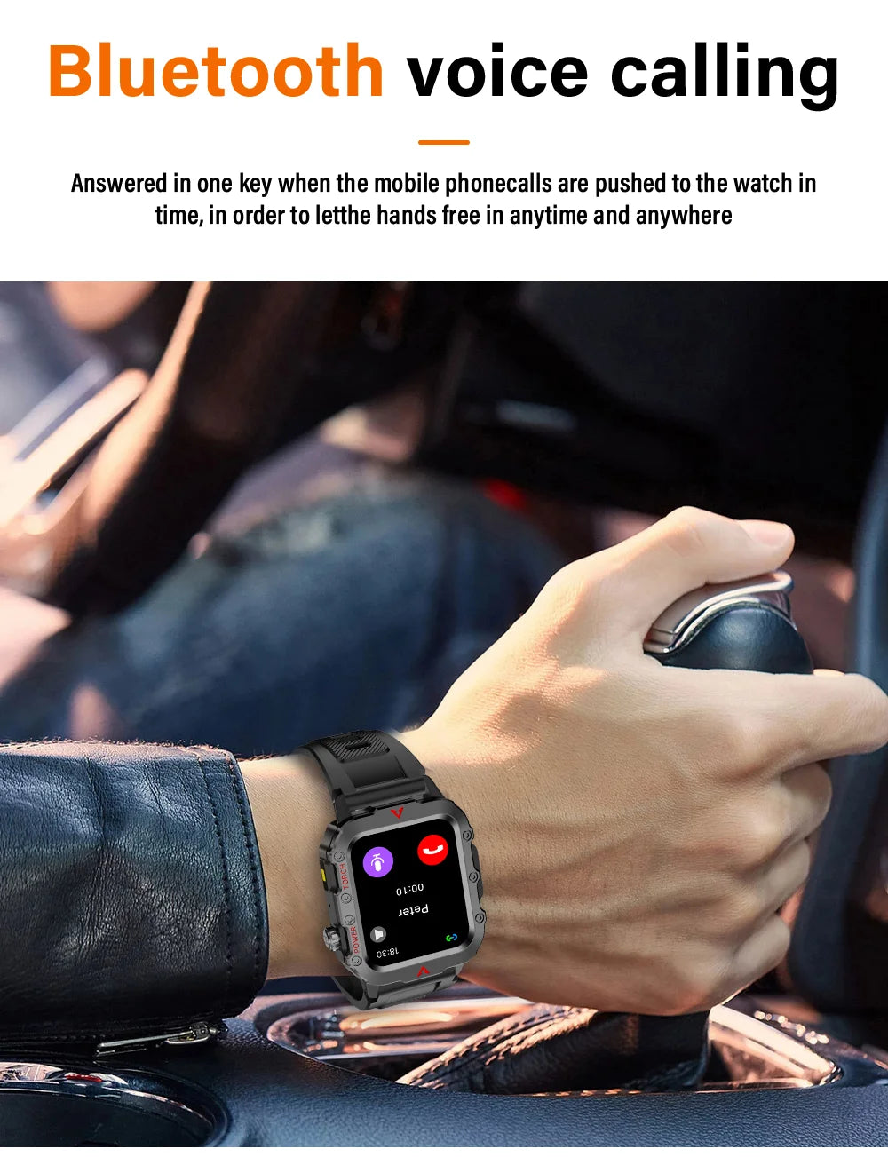 Smartwatch being worn on a wrist with text about Bluetooth voice calling.