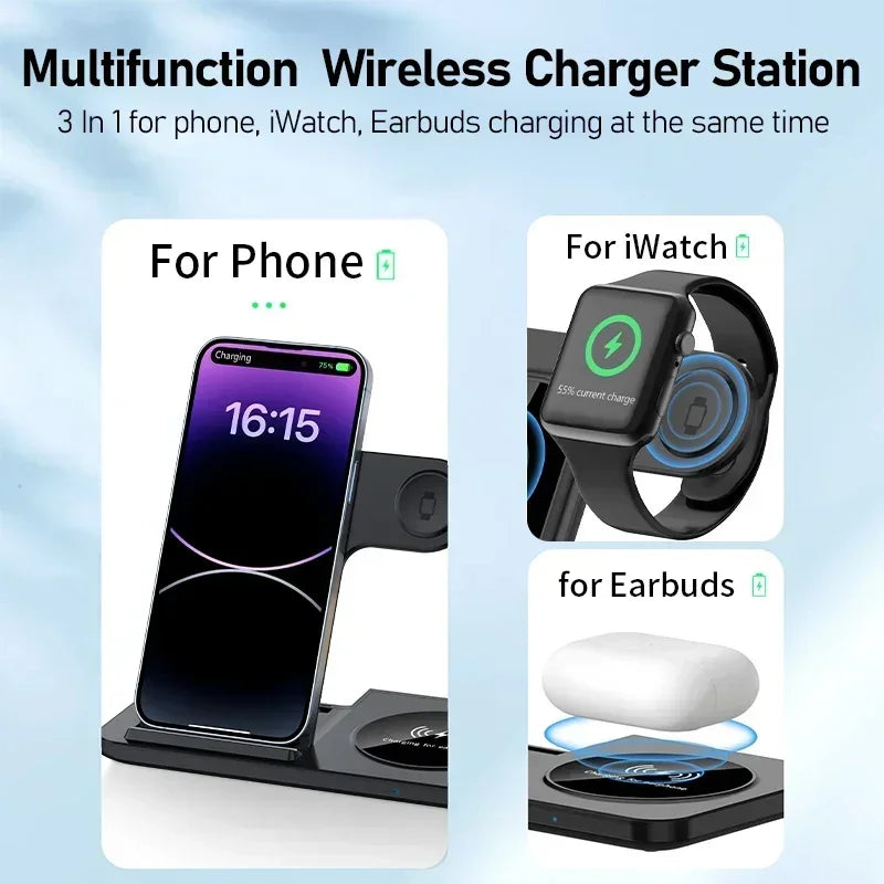 Multifunctional wireless charger station with phone, iWatch, and earbuds charging capabilities on a light blue background.