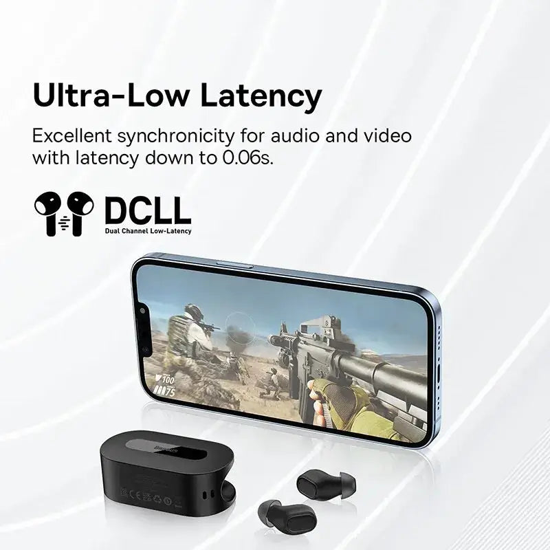 Black wireless earbuds with a smartphone displaying a game, featuring the DCLLL logo and text about ultra-low latency