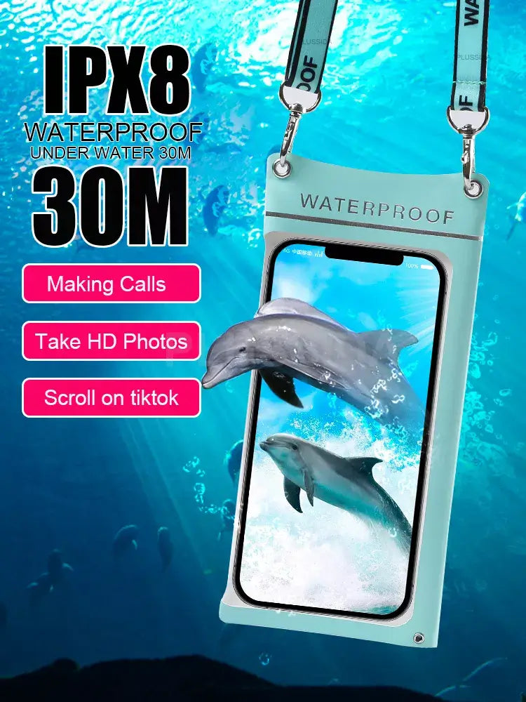 Waterproof phone case with dolphin design on a blue underwater-themed background