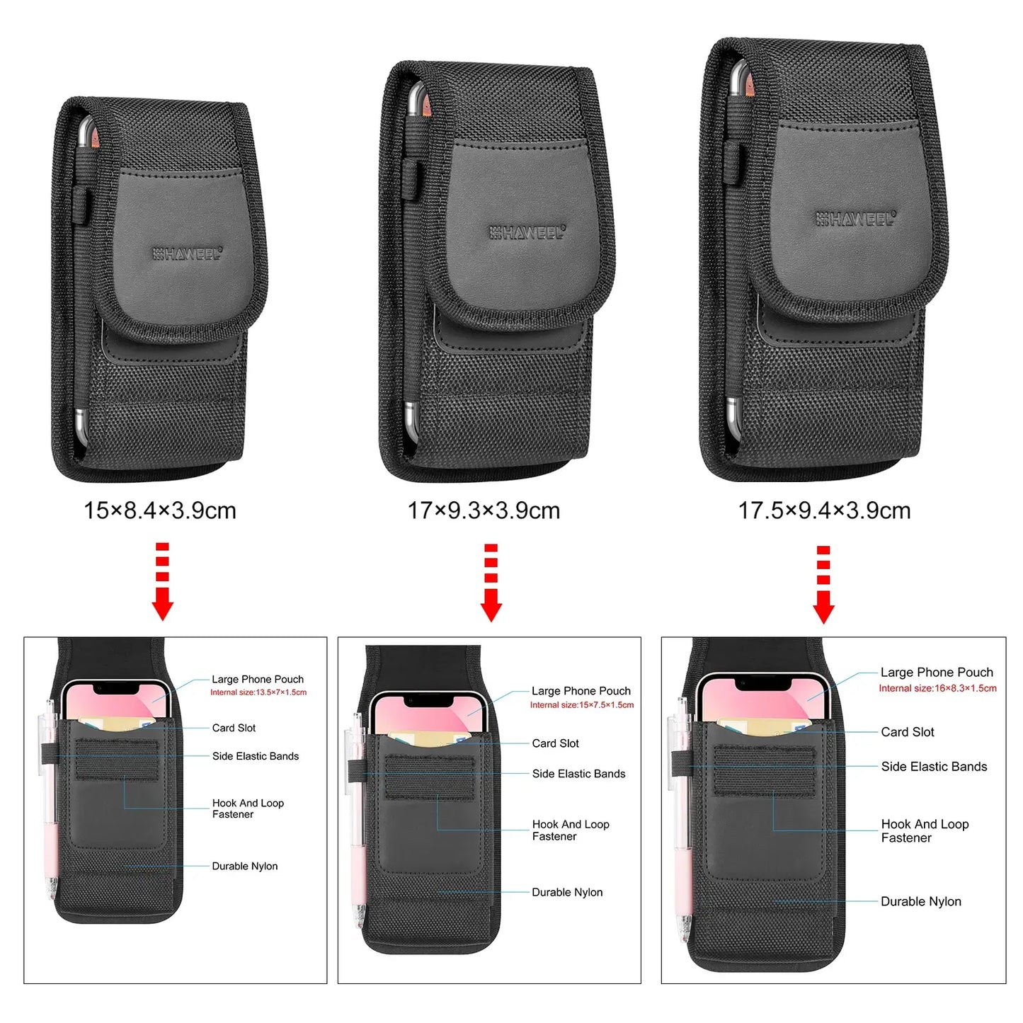 Three black phone pouches with dimensions and features displayed on a white background