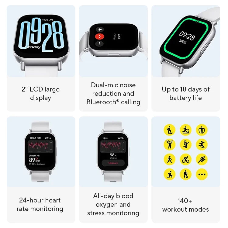 Smartwatch with various features displayed on a white background
