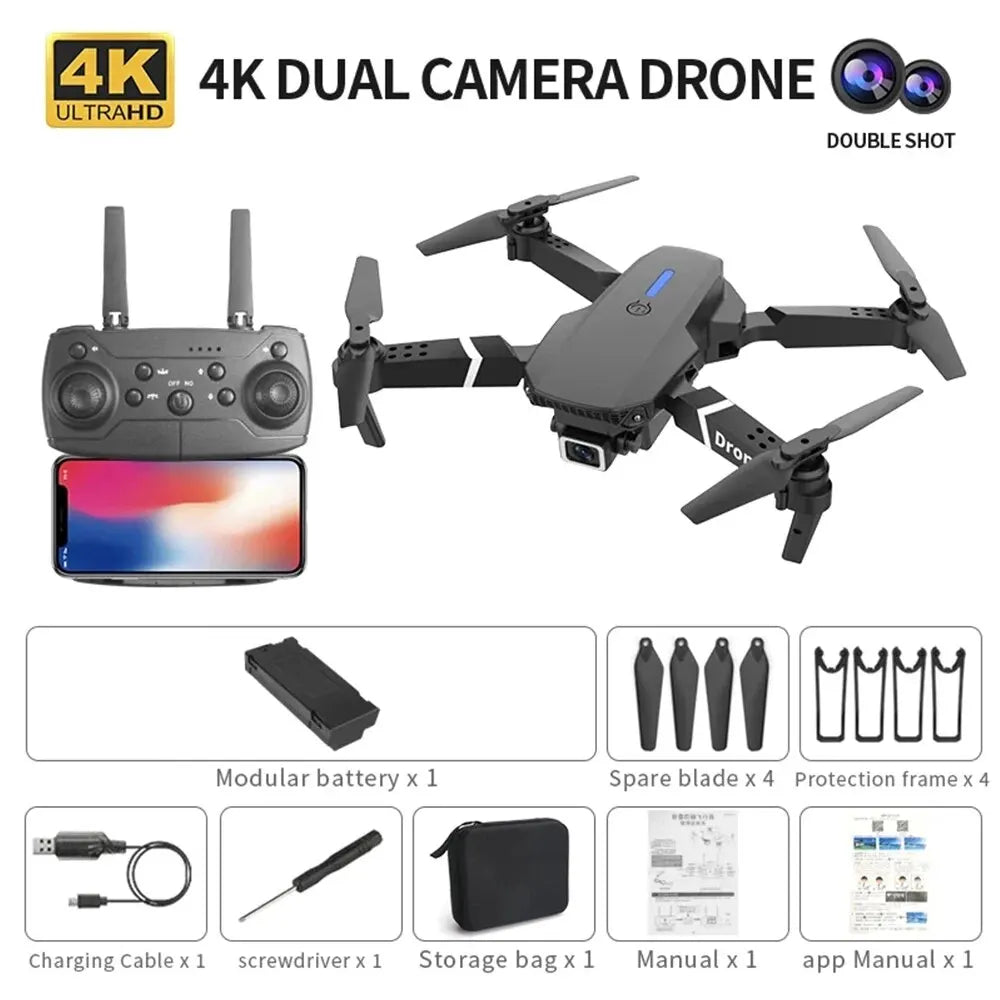 4K Dual Camera Drone with remote control, accessories, and packaging on a white background