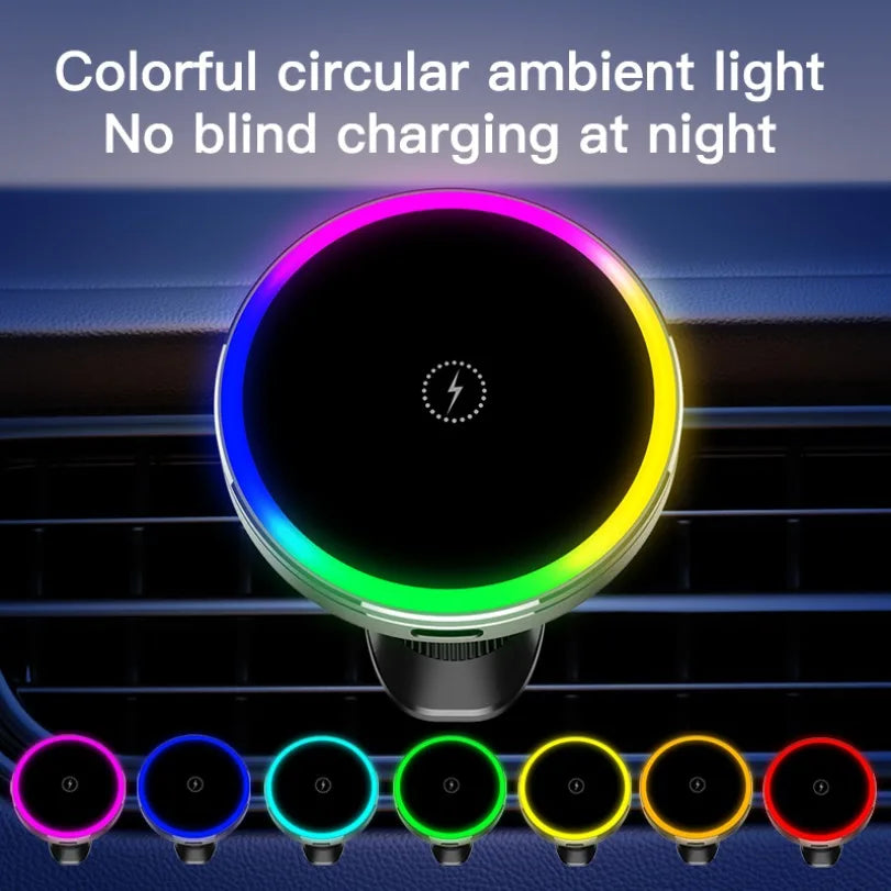 Colorful circular ambient light device with charging symbol on a car vent background