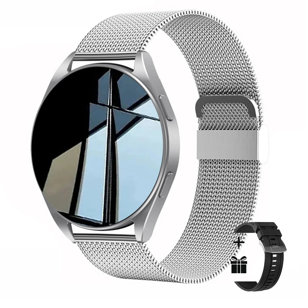 Smartwatch with a silver mesh band on a white background
