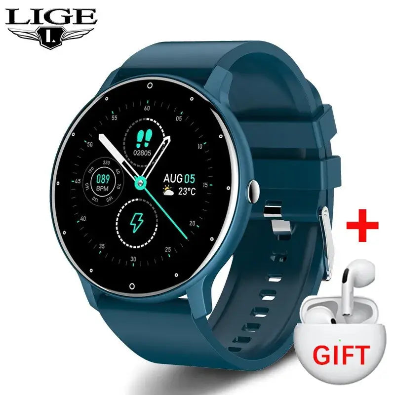 Blue smartwatch with a gift of white earbuds in the background, featuring the LIGE brand.