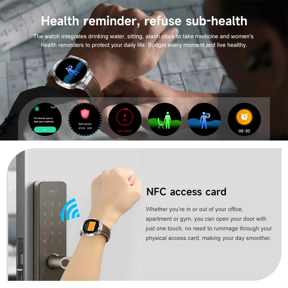 Smartwatch with health reminders and NFC access card features on a promotional graphic.