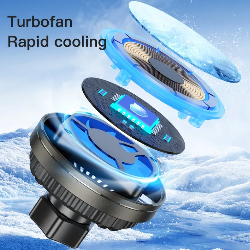 Turbofan rapid cooling device with blue and black design on a cold background
