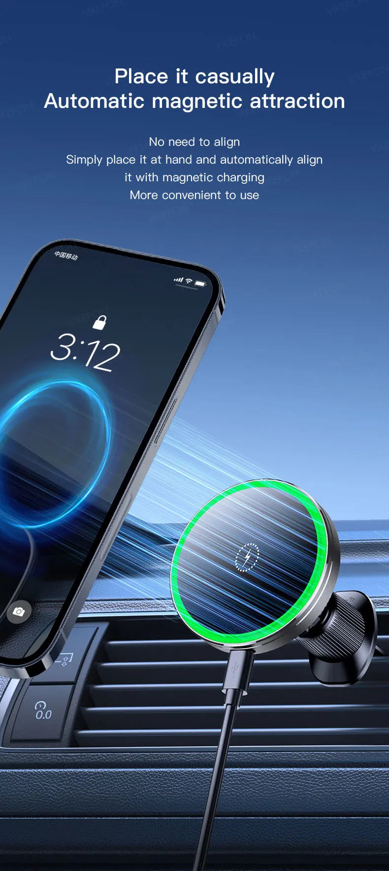 Smartphone mounted on a car vent with magnetic charging device, blue background