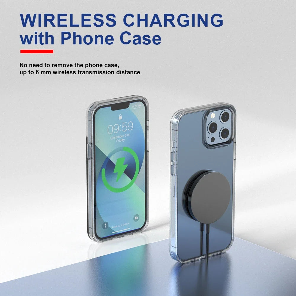 Magnetic wireless charging pad powering iPhone through clear phone case with up to 6mm distance.