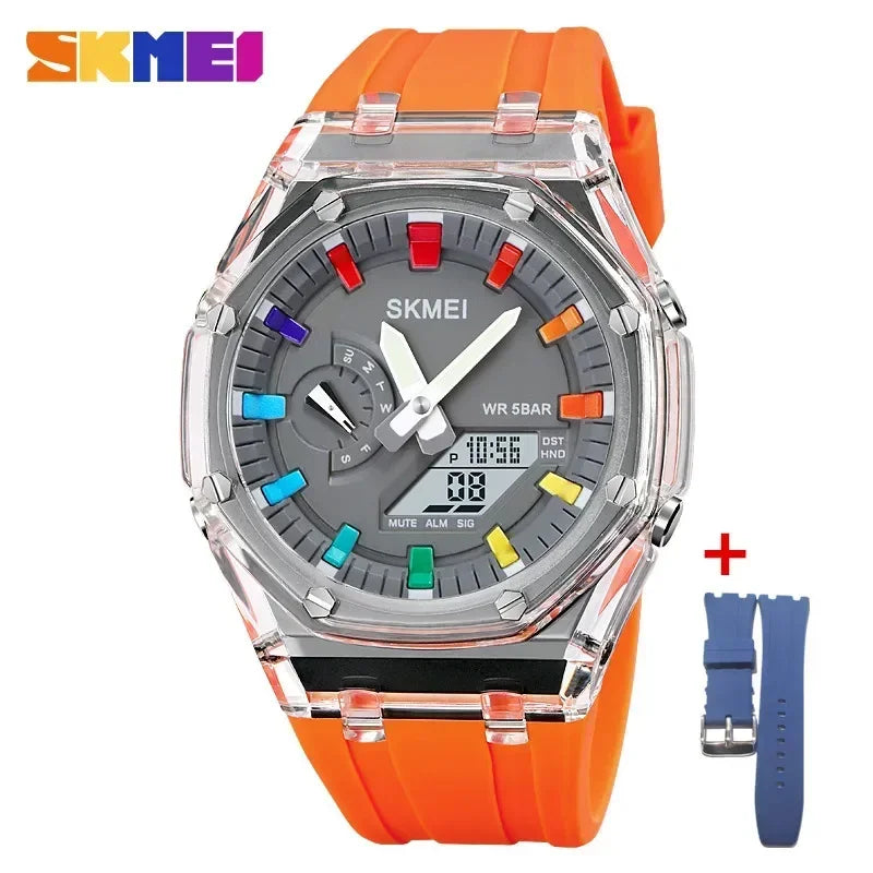 SKMEI men’s analog-digital watch with transparent case, orange silicone strap, colorful dial markers, and extra blue replacement strap