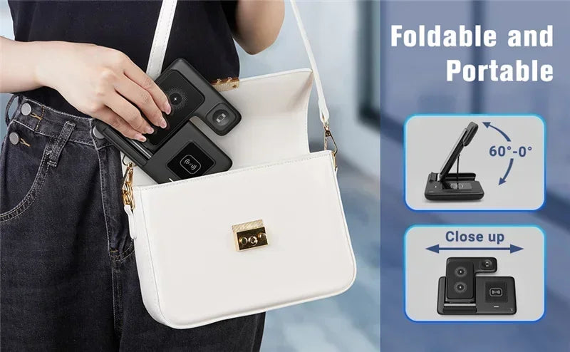 Person holding a white handbag with a black device, showing its foldable and portable features.