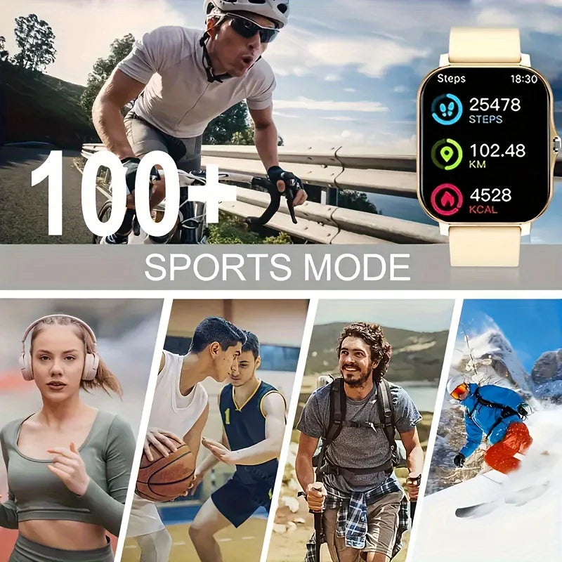 Smartwatch with fitness tracking features displayed, surrounded by people engaging in various sports activities.