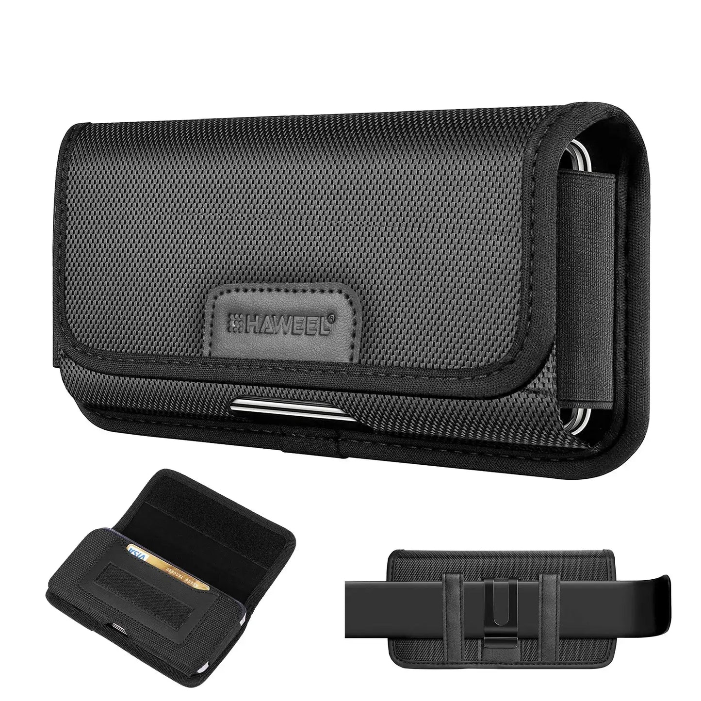 Black phone holster with strap and extra pouch on a white background