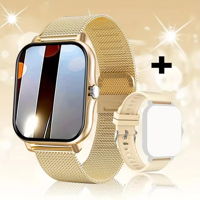 Gold smartwatch with mesh band on a sparkling background