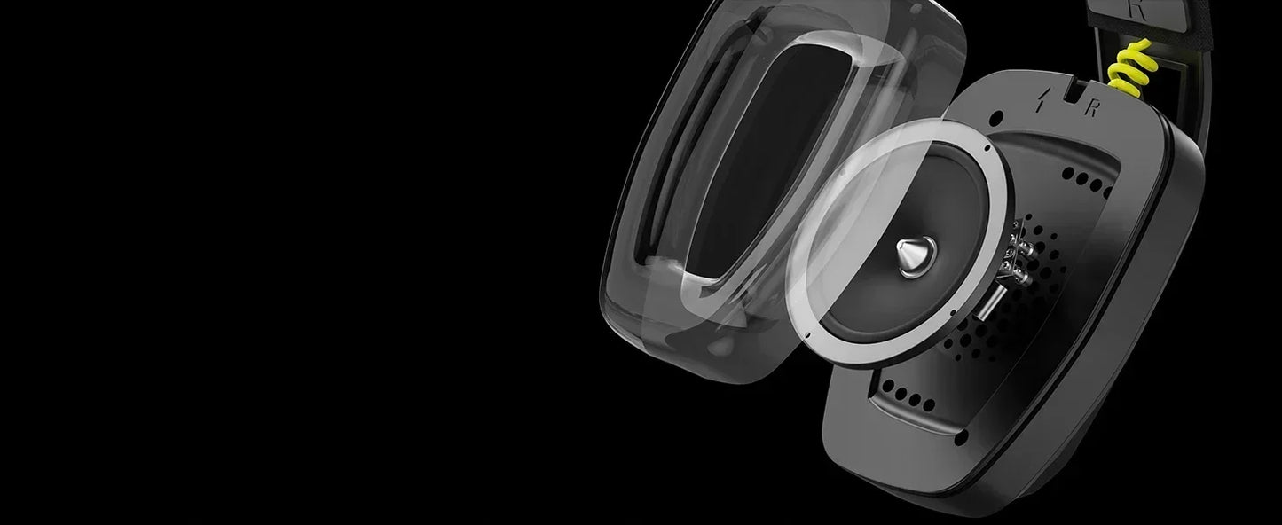 Close-up of a car speaker with a visible brand logo on a black background