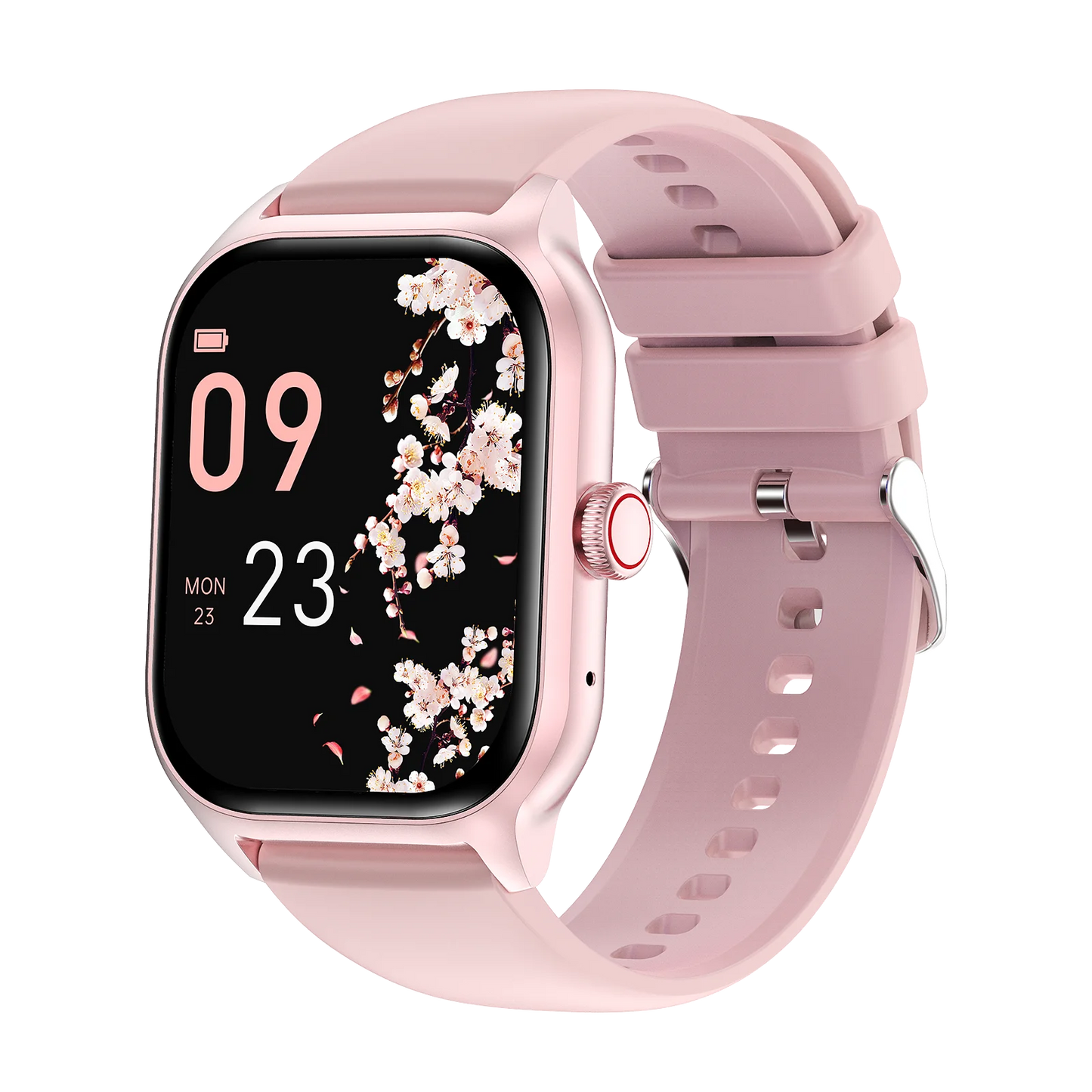 Smartwatch with a pink strap on a white background
