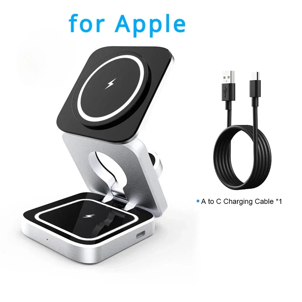 Wireless charging stand with cable on a white background, labeled for Apple.