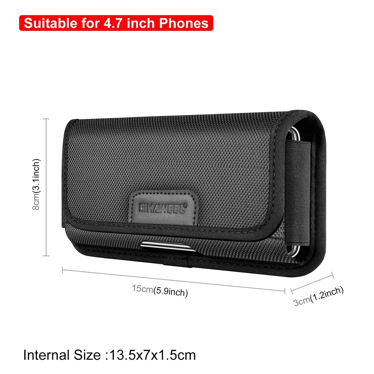 Black phone case with dimensions and compatibility text displayed on a white background