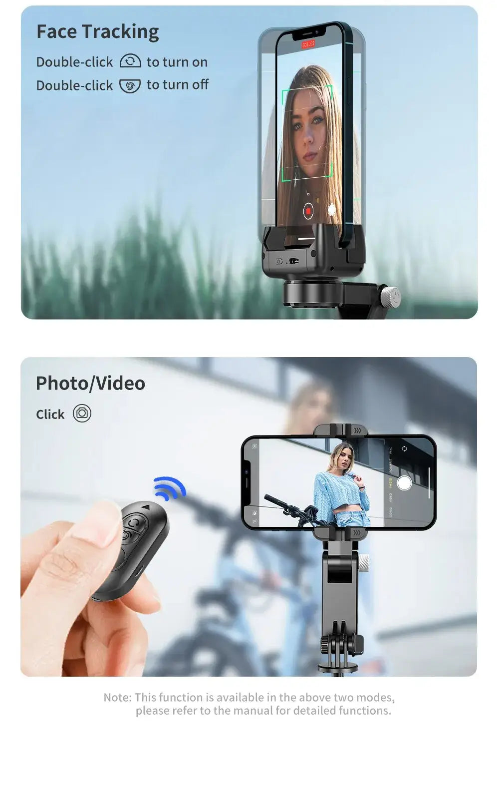 Smartphone with camera app interface showing face tracking and photo/video modes.