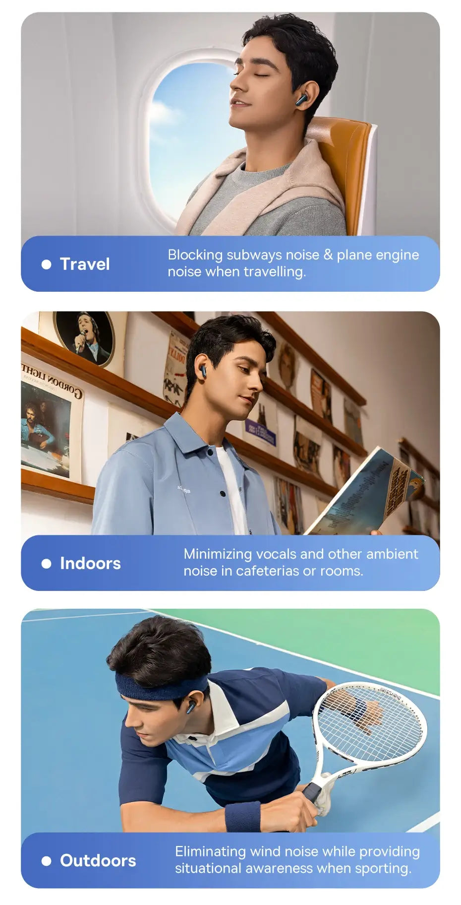 Three scenarios showing a person using noise-canceling headphones during travel, indoors, and outdoors