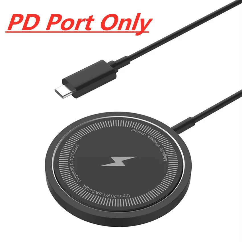PD port only magnetic wireless charging pad with slim round black design.