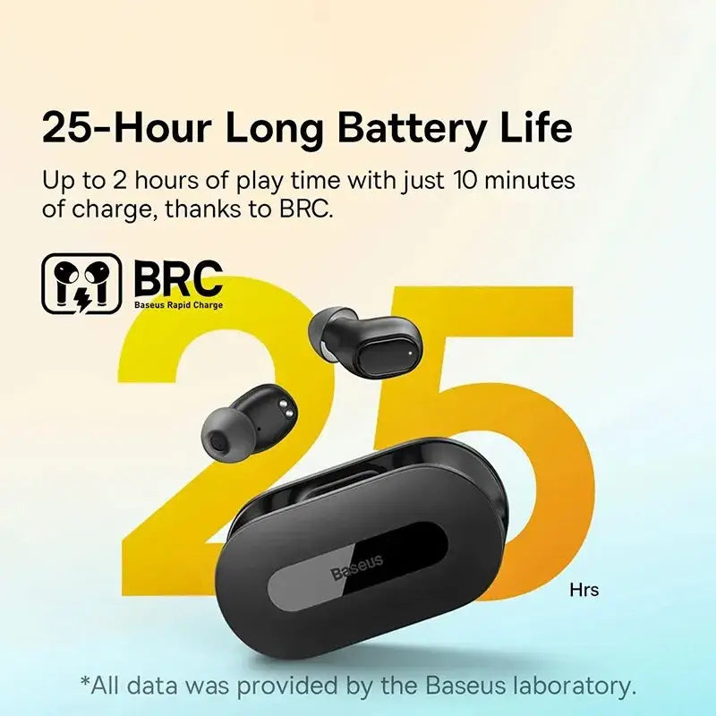 Promotional image of wireless earbuds with charging case, highlighting 25-hour battery life and BRC technology