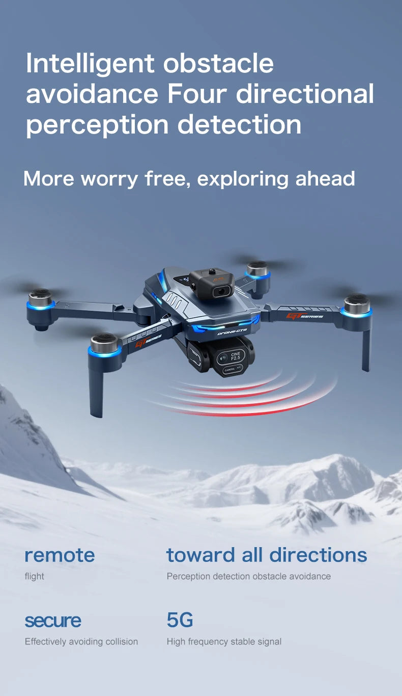Drone with text about obstacle avoidance and directional perception detection against a mountainous background