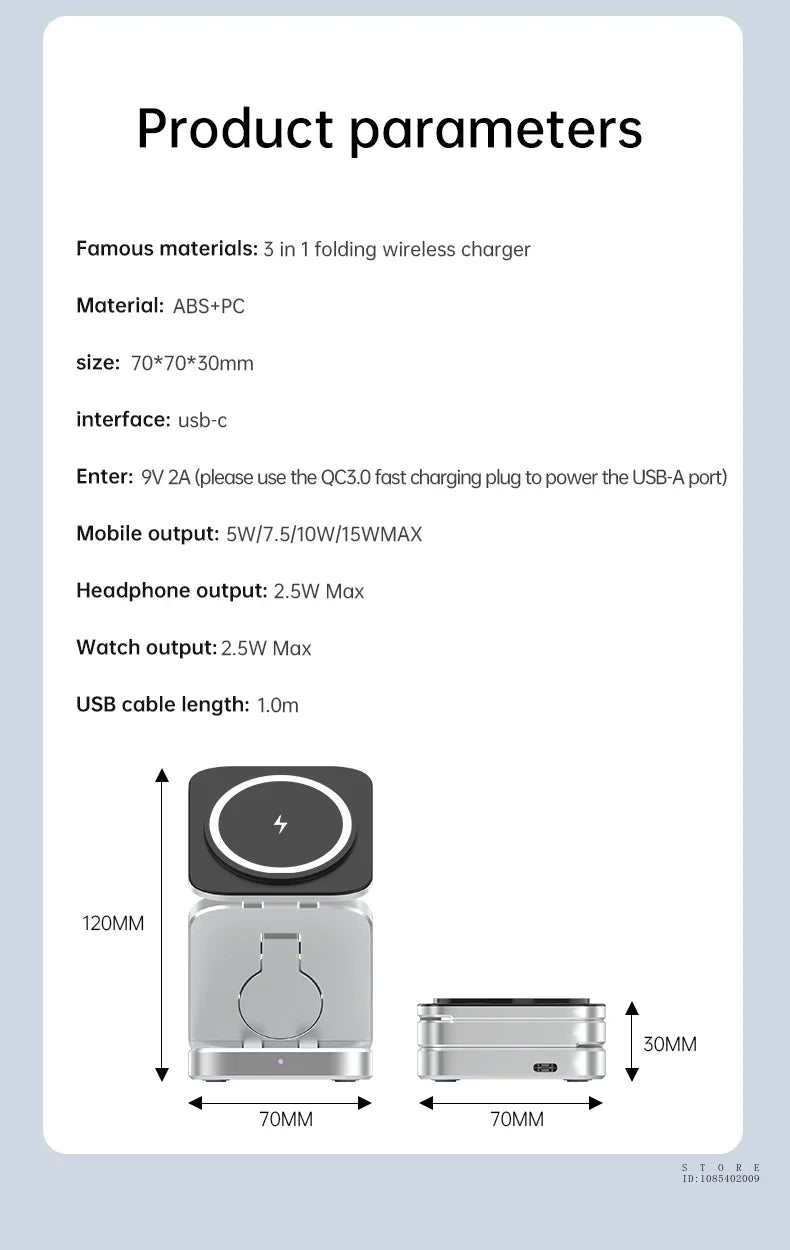 Product parameters of a 3-in-1 folding wireless charger on a light blue background.