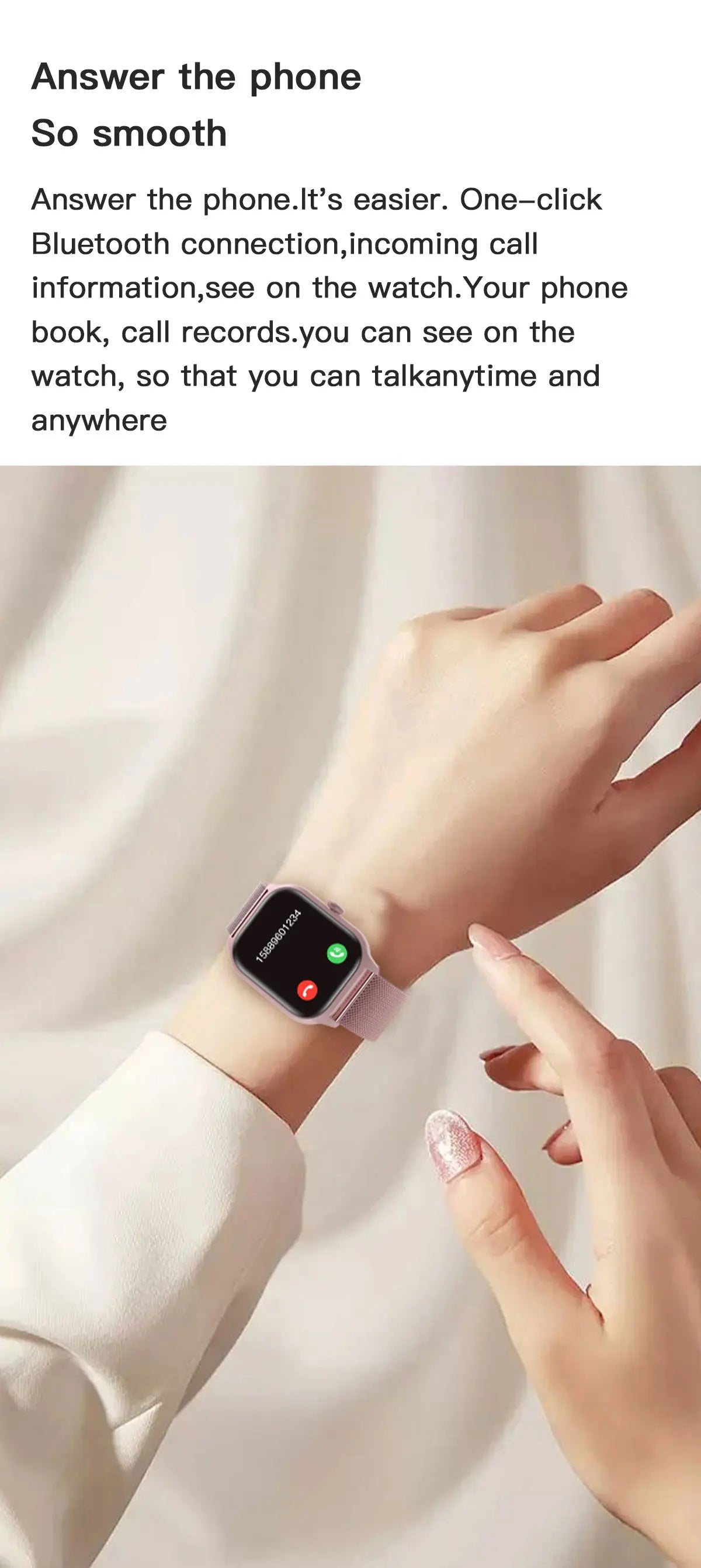 Smartwatch on a wrist with text about phone answering and Bluetooth connection.