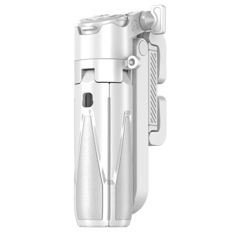 Silver selfie stick with remote control on a white background