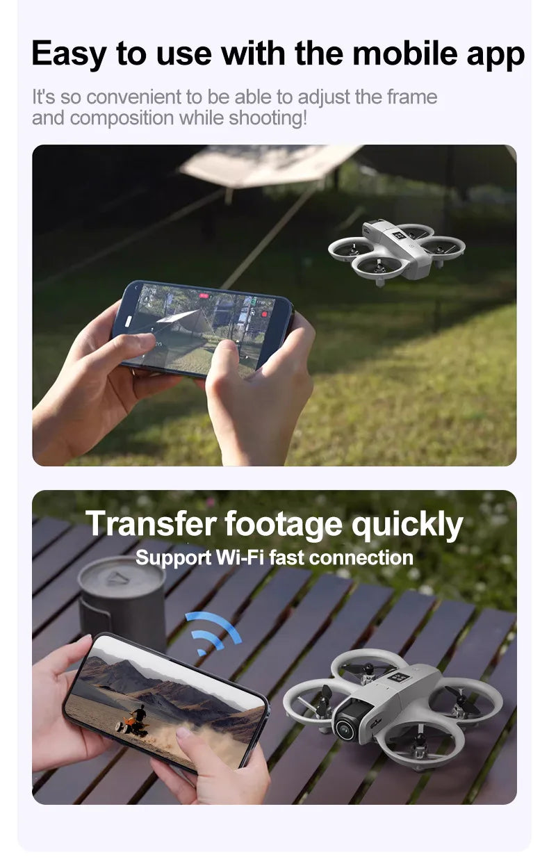 Two images showing a drone and smartphone with text about mobile app ease of use and Wi-Fi connection.