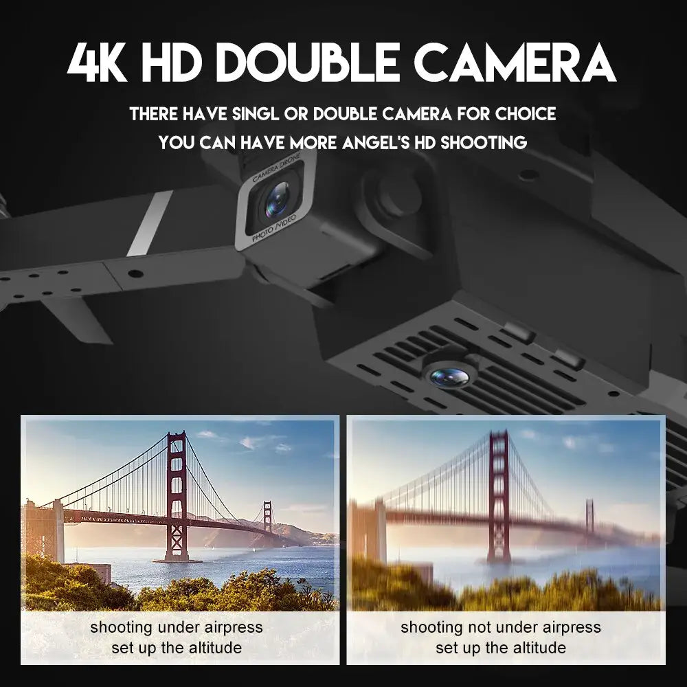 E88 Pro drone with 4K HD dual camera system displaying images of a bridge under different shooting conditions